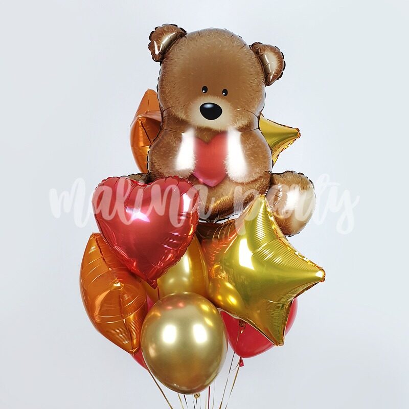 Букет воздушных шаров с гелием Мишка и сердца