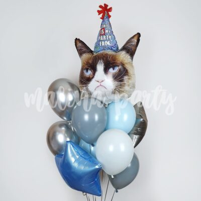 Букет воздушных шаров угрюмый кот серебро и голубой