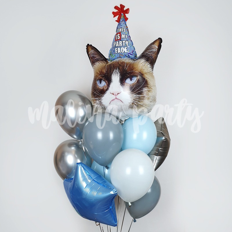 Букет воздушных шаров с гелием угрюмый кот серебро и голубой