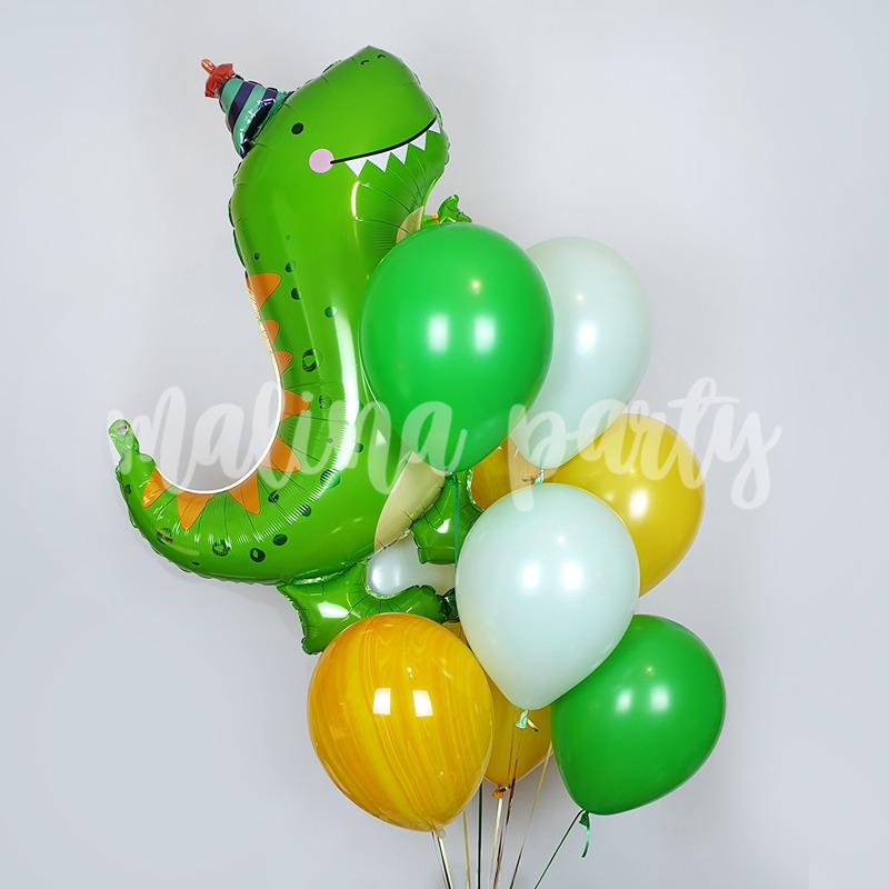 Букет воздушных шаров с гелием Динозавр в колпаке и агаты