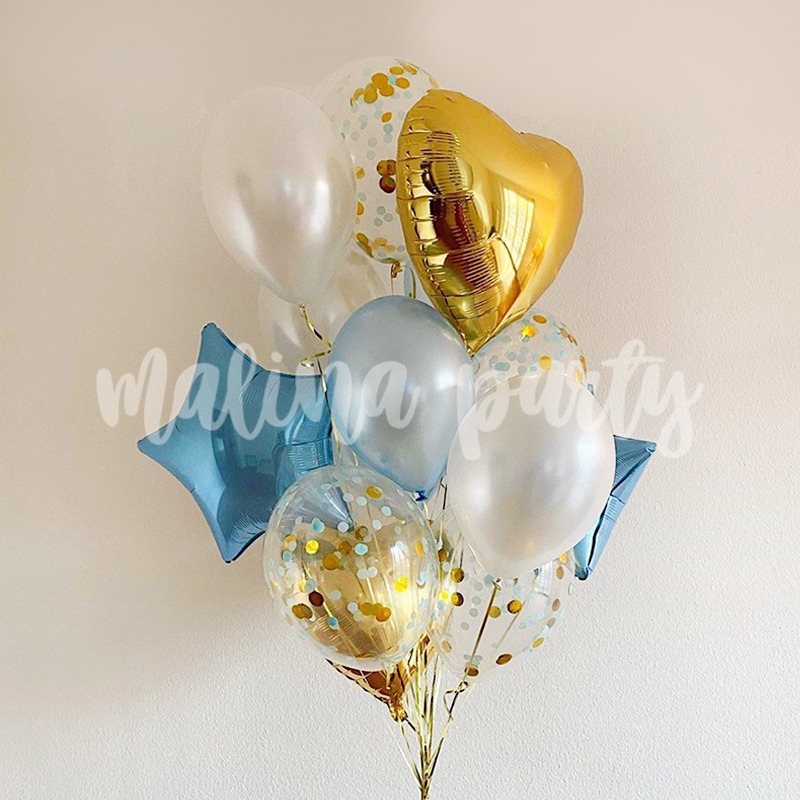 Букет воздушных шаров голубой и золото с конфетти