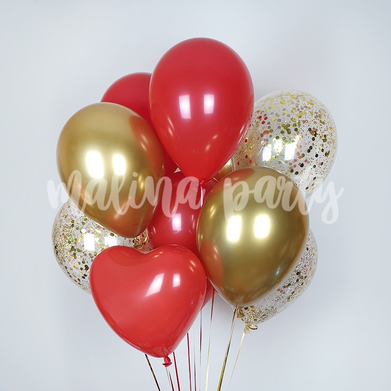 Букет воздушных шаров с гелием красный, золото хром и конфетти