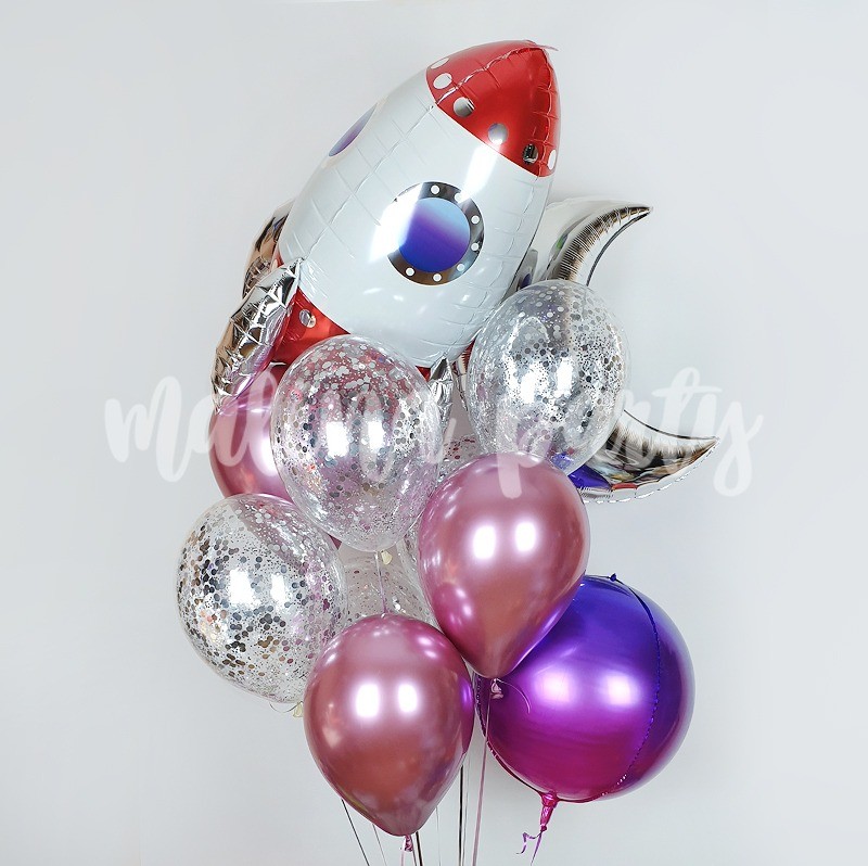 Набор воздушных шаров с гелием Ракета, хром и конфетти