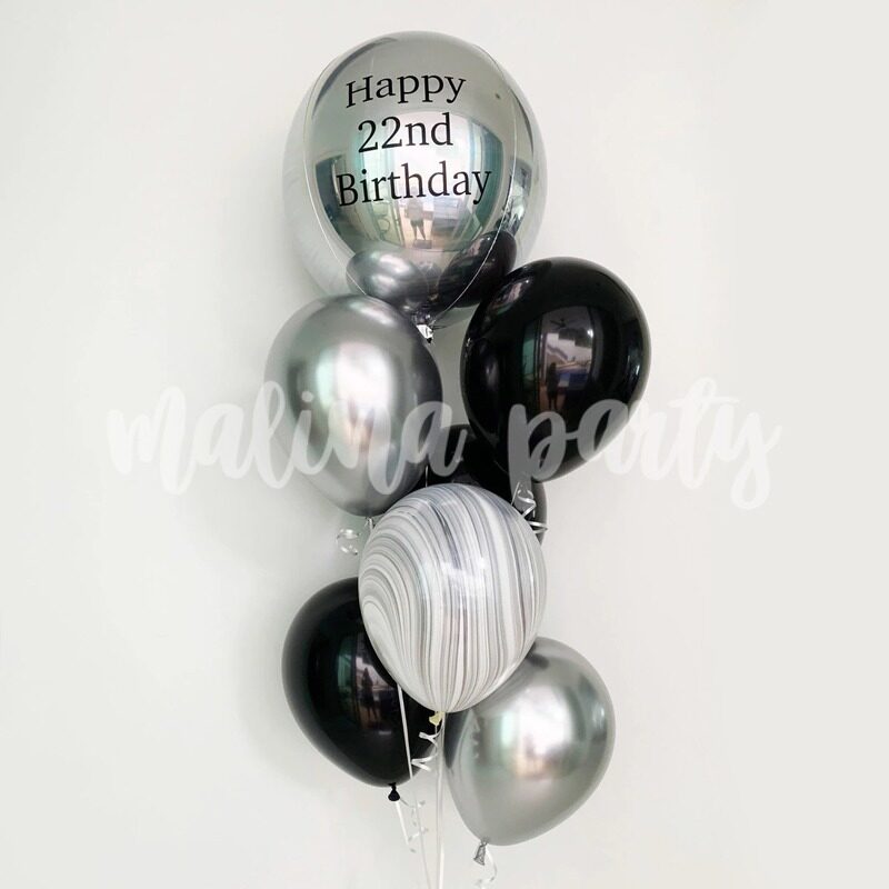 Букет гелиевых воздушных шаров с большим шаром серебро и надписью