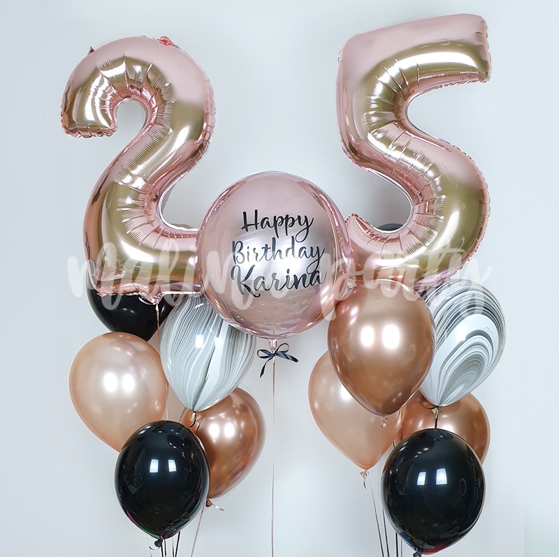 Набор шаров на 25 лет розовое золото и черный на день рождения