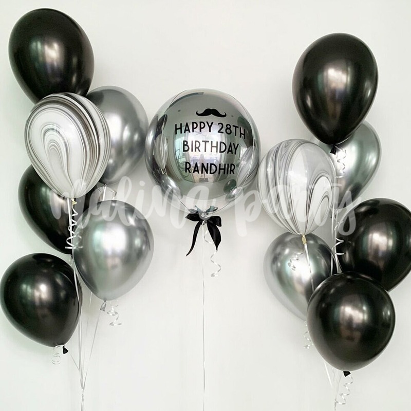 Набор воздушных шаров с гелием Сфера серебро с надписью, черный и хром