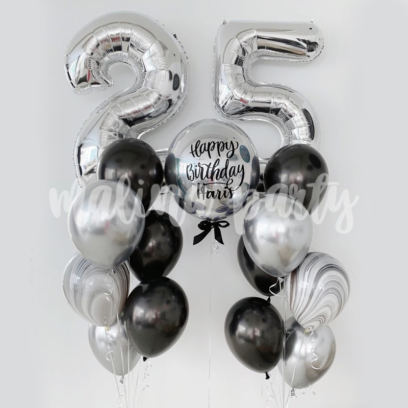 Набор воздушных шаров с гелием Сфера серебро с надписью, цифры и хром
