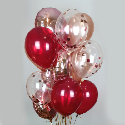 Букет воздушных шаров розовое золото, винный и конфетти