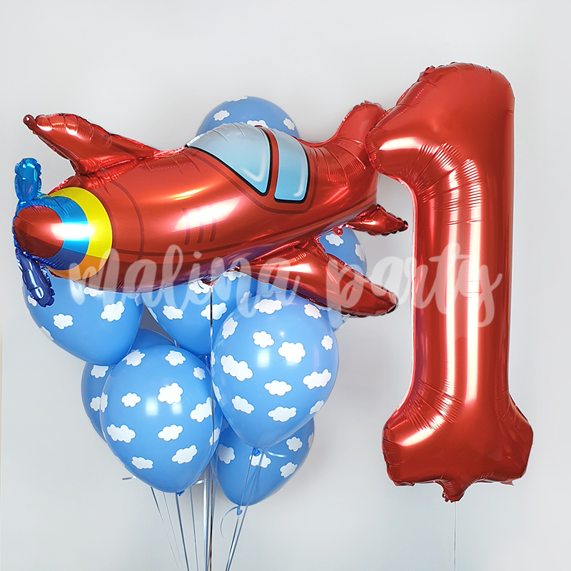 Набор воздушных шаров Самолет в облаках и цифра на день рождения