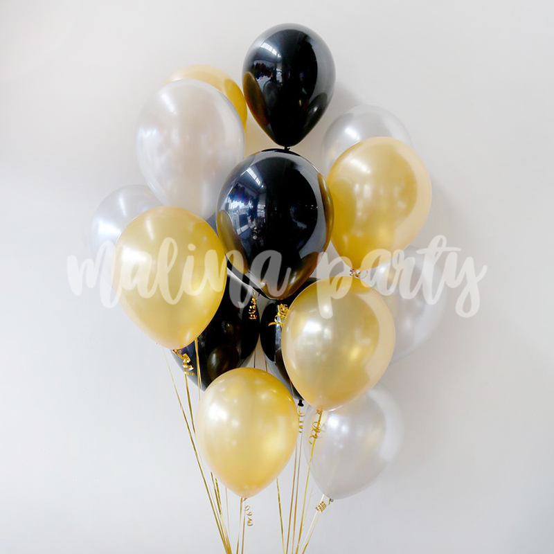 Букет воздушных шаров с гелием черный, золото и серебро