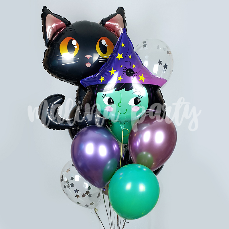Букет воздушных шаров с гелием Ведьмочка и кот