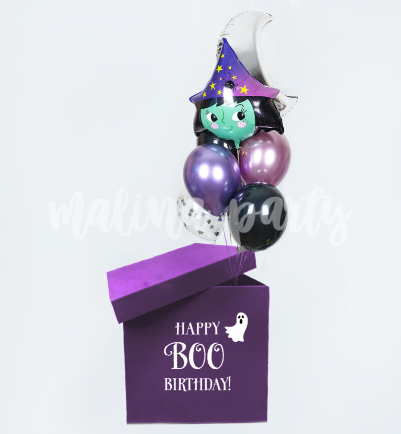 Коробка с шарами Boo Birthday с ведьмочкой