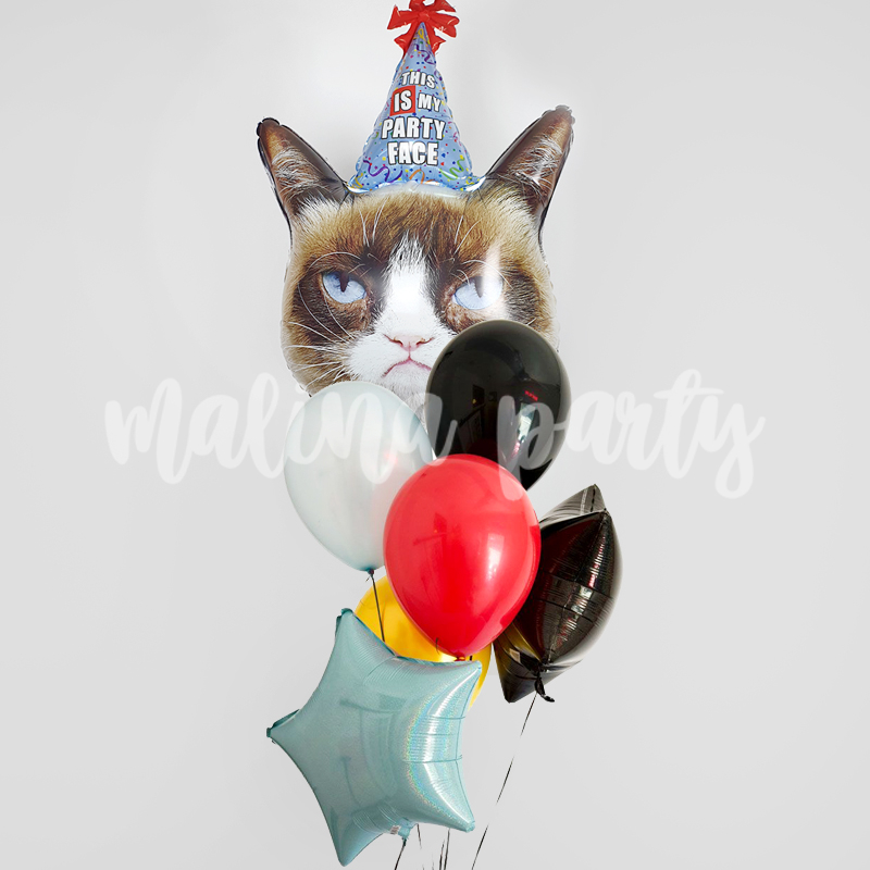 Букет воздушных шаров с гелием Угрюмый кот и звезды