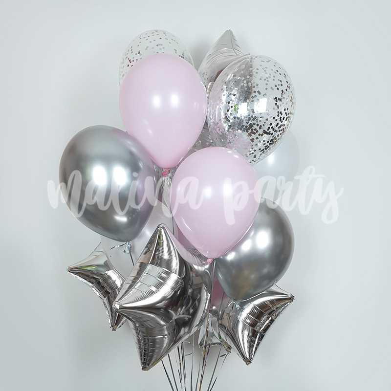 Букет воздушных шаров с гелием Розовый и звезды серебро