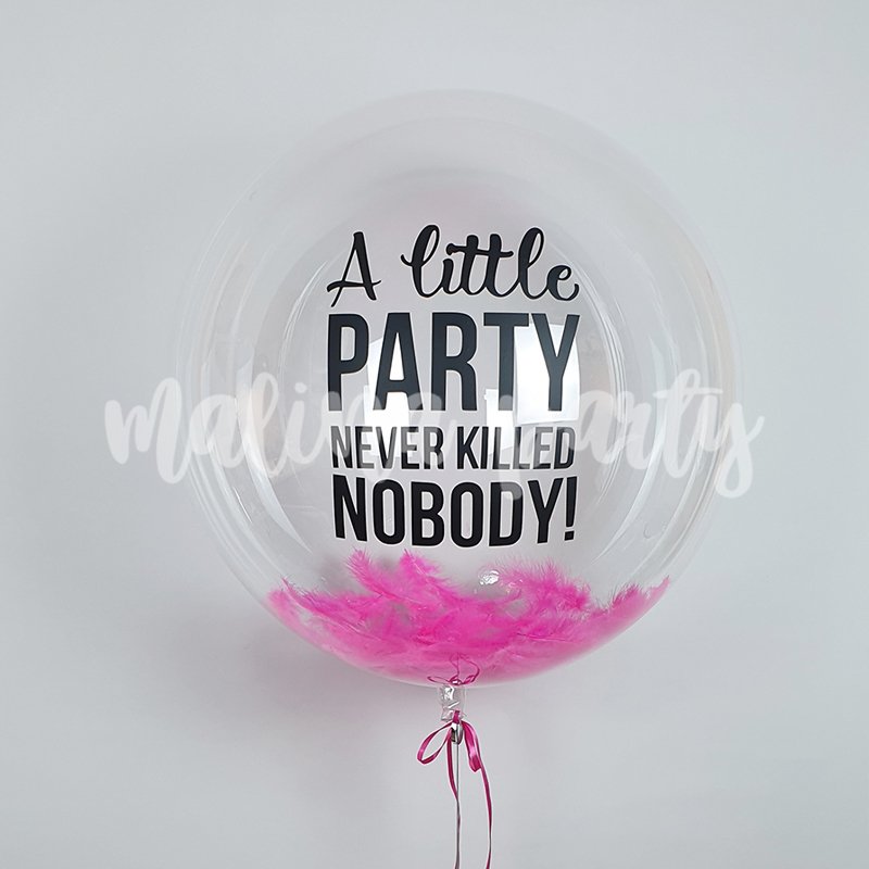 Воздушный шар бабл с розовыми перьями и надписью