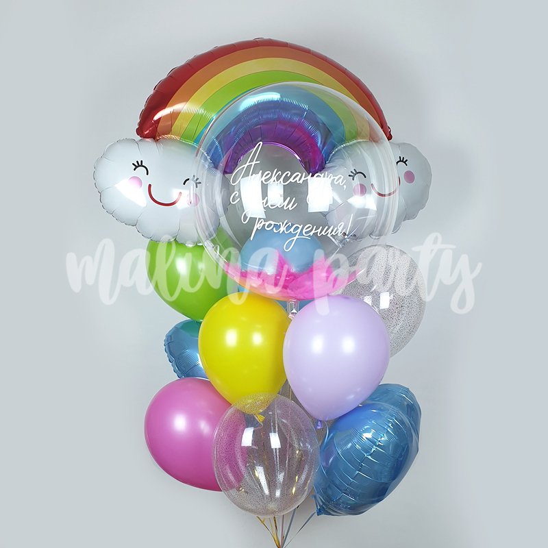 Букет воздушных шаров с гелием Радуга и бабл с перьями