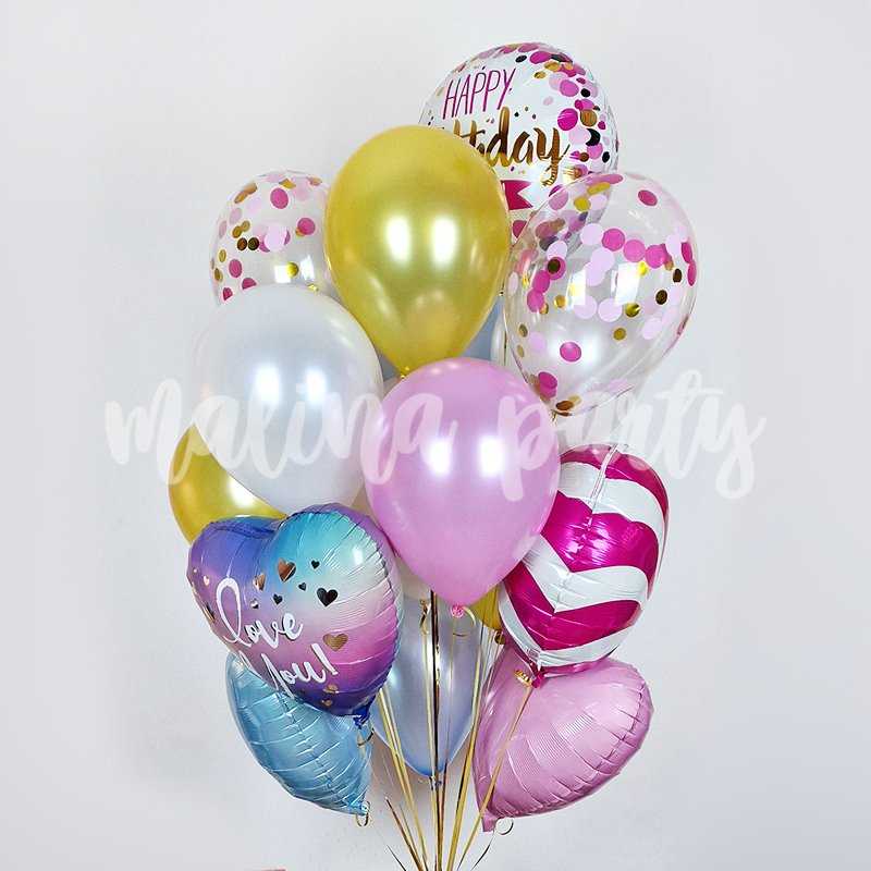 Букет воздушных шаров с гелием перламутр, сердца и конфетти