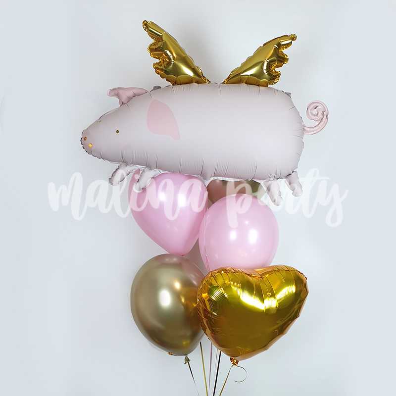 Букет воздушных шаров свинка с крыльями и сердце