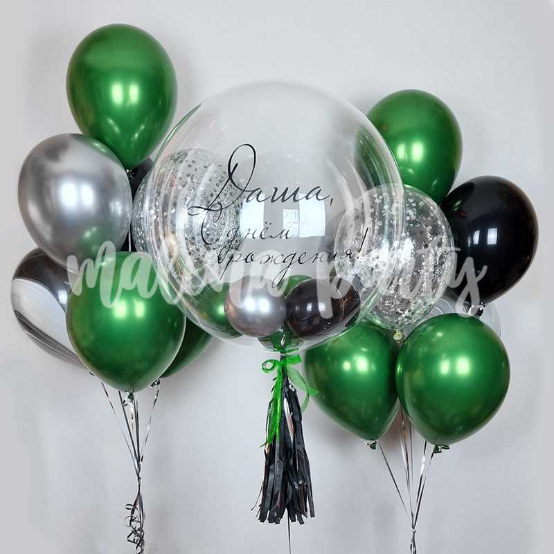 Набор воздушных шаров с баблс зеленый хром и серебро