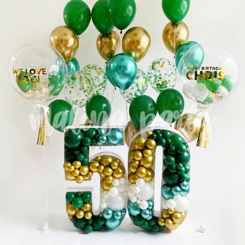 Набор шаров с каркасной цифрой и бабл Зеленый и золото