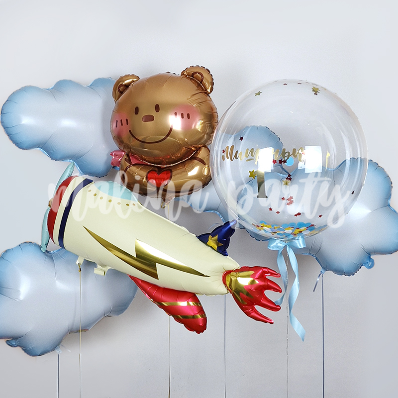 Набор воздушных шаров с бабл, Мишка и самолет в облаках