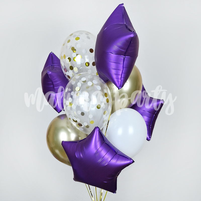Букет воздушных шаров Звезды фиолетовые и конфетти